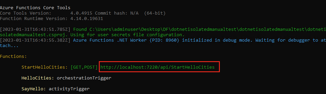 Screenshot of the Azure local runtime.