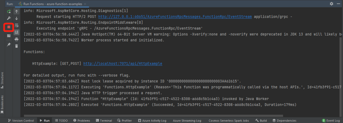 Local run function test log.