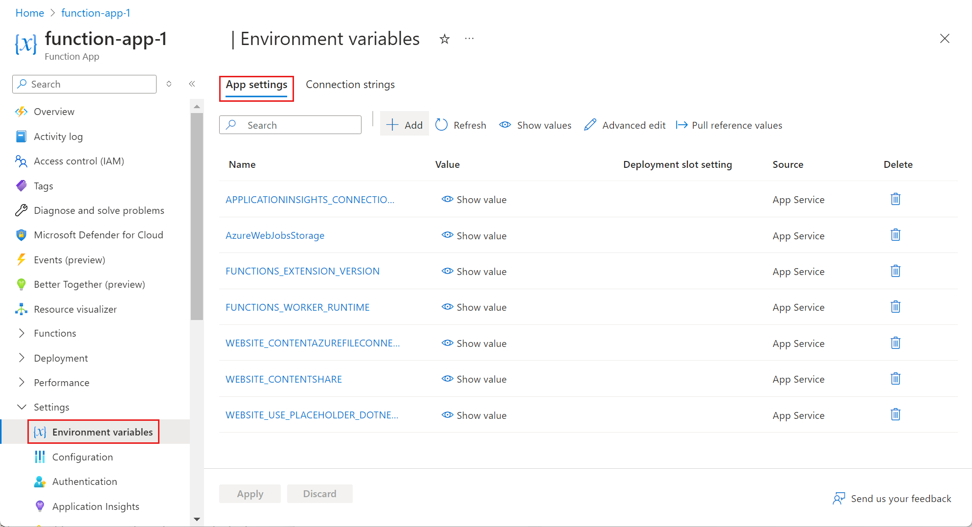 Screen shot that how to select the App settings page in a function app.