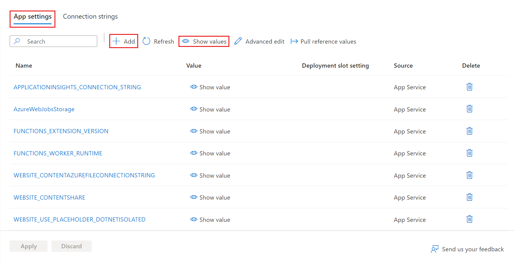 Screen shot that shows the App settings page in a function app.