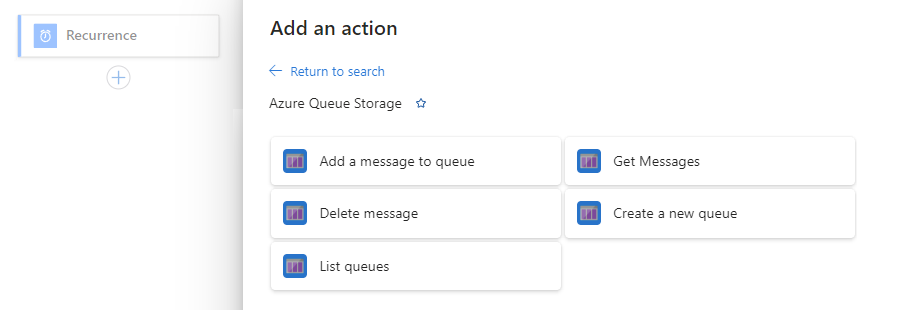 Screenshot shows Standard workflow designer, pane named Add an action, and Azure Queue Storage connector with actions.