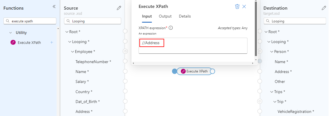 Screenshot shows opened data mapper surface and Execute XPath function with expression.