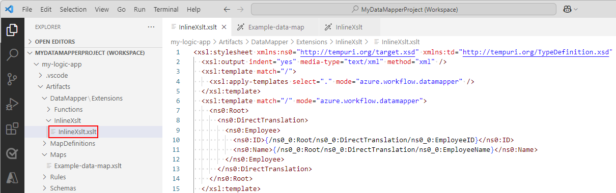 Screenshot shows Visual Studio Code, Standard logic app project, and InlineXslt project folder with InlineXslt.xsd file.
