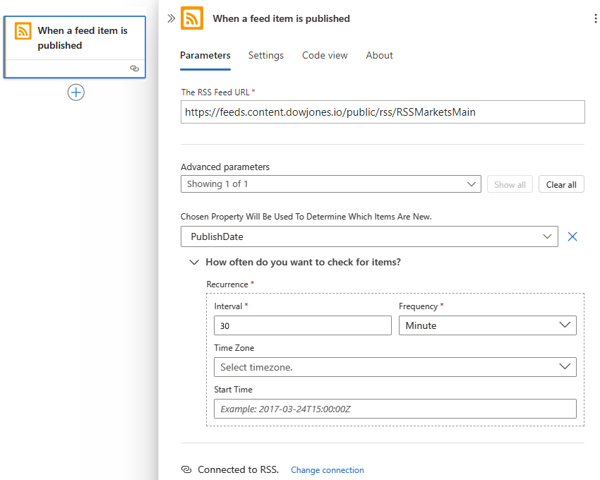 Screenshot shows the RSS trigger settings, including RSS URL, frequency, interval, and others.