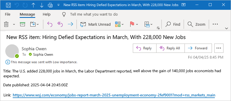 Screenshot shows Outlook and sample email received for new RSS feed item, along with item title, date published, and link.