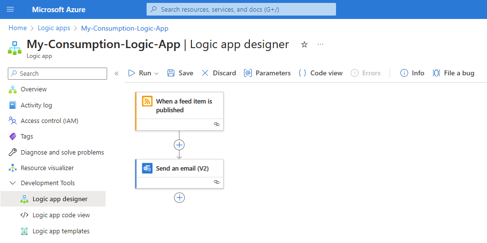 Screenshot shows Azure portal, and example Consumption workflow with RSS trigger named When a feed item is published plus the Office 365 Outlook action named Send an email.