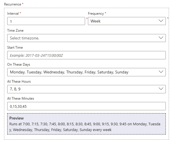 Screenshot shows week-related properties set to values described in the preceding table.