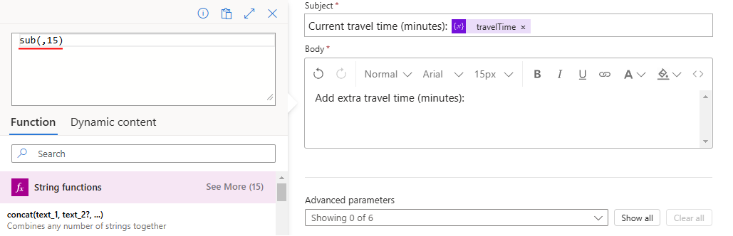 Screenshot shows expression editor with the sub(,15) entered.