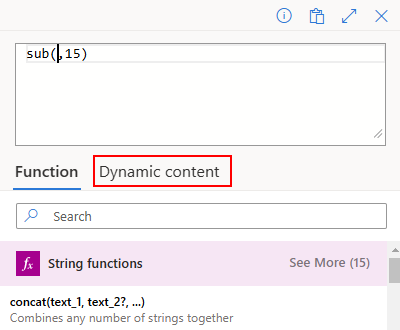 Screenshot shows where to put cursor in the sub(,15) expression, and select Dynamic content.