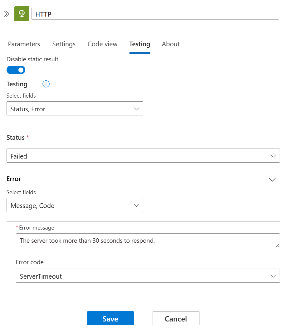 Screenshot shows Standard workflow and Testing pane after selecting Enable Static Result with the Status and Error fields also selected.