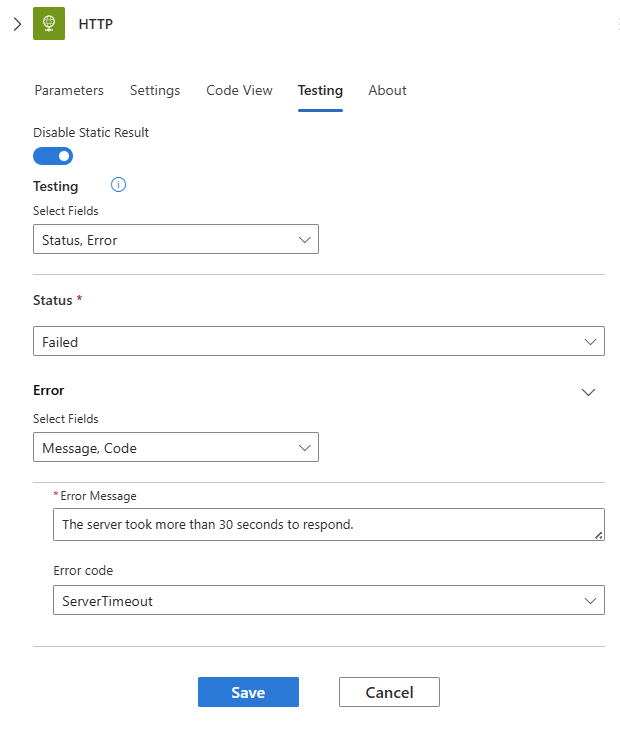 Screenshot shows Consumption workflow and Testing pane after selecting Enable Static Result with the Status and Error fields also selected.