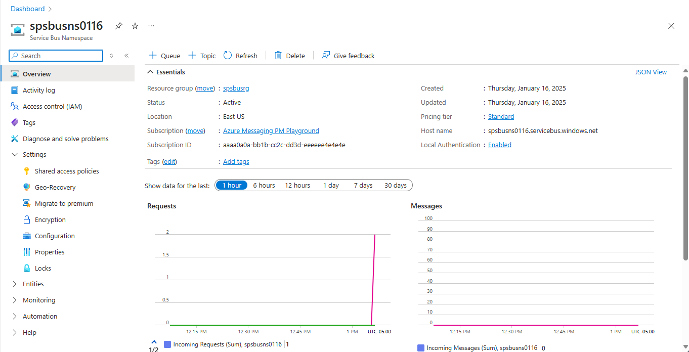Screenshot showing the home page of the Service Bus namespace created.