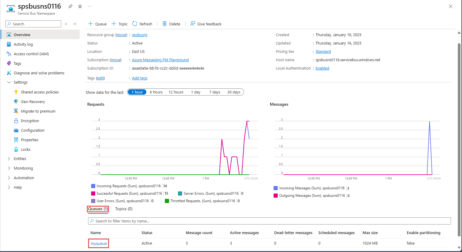 Image showing the Service Bus Namespace page in the Azure portal with the queue selected.