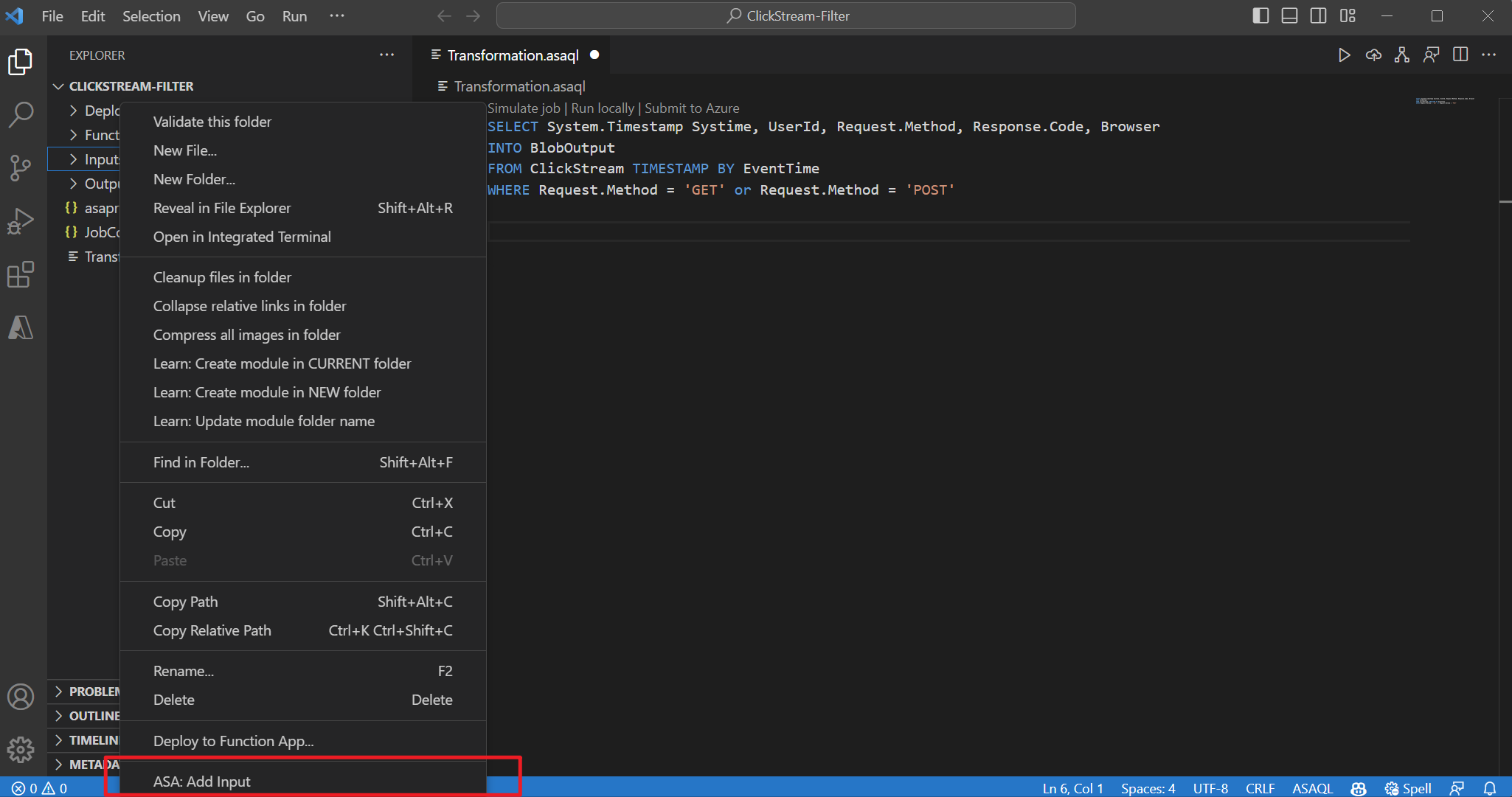 Screenshot showing the ASA: Add input menu in Visual Studio Code.