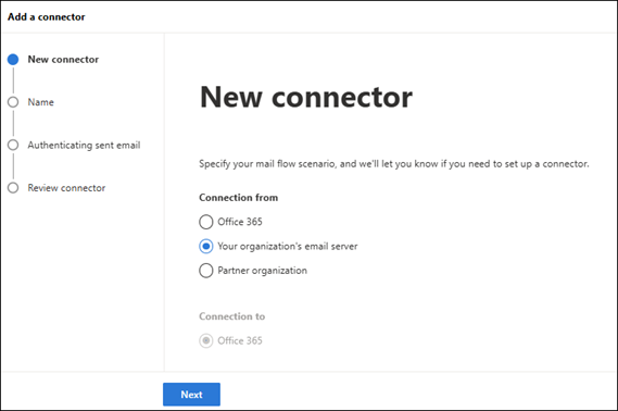 Screenshot that shows the New connector page with Connection from: Your organization's email server selected.