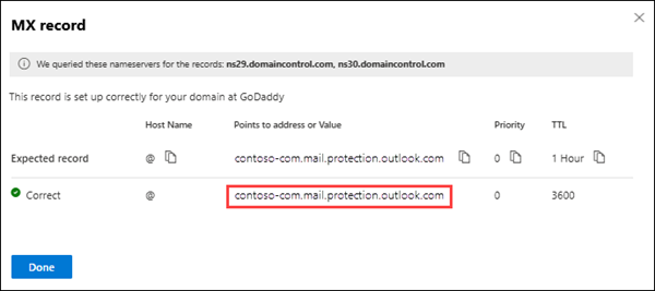 Screenshot that shows the MX record page and Points to address or value.