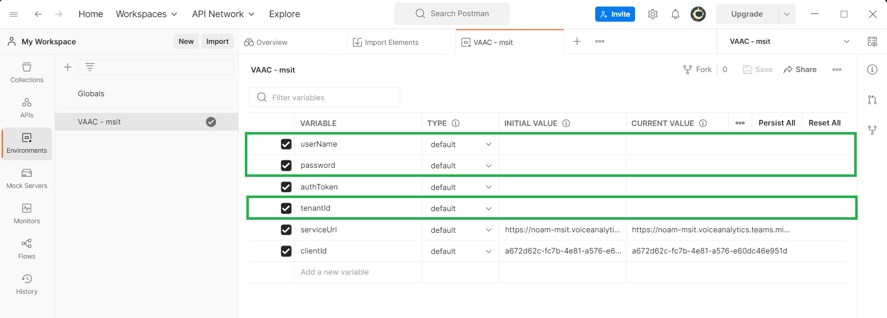Screenshot showing username, password and tenant ID fields configured