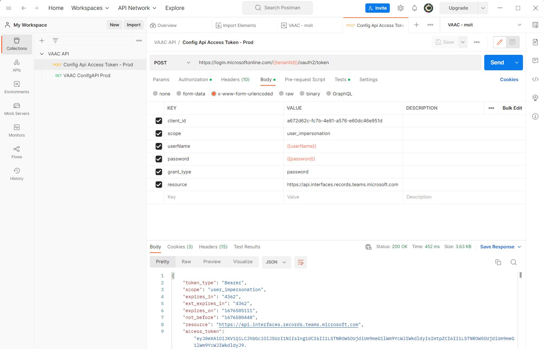 Screenshot showing result with access token returned.