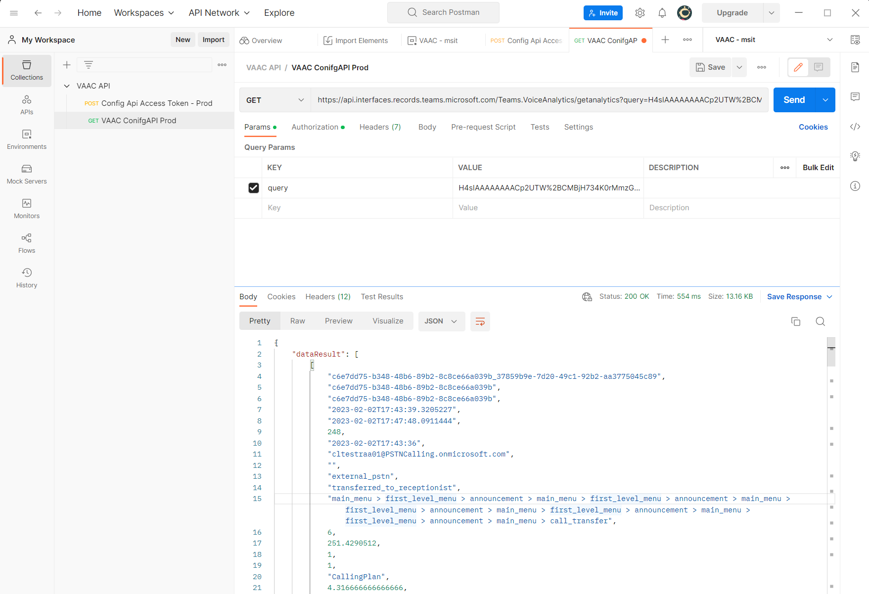 Screenshot showing query result with dataResult field