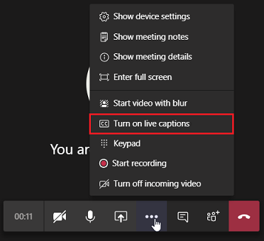 This screenshot shows the menu initiated by selecting the ellipses icon. The option to Turn on live captions is highlighted.