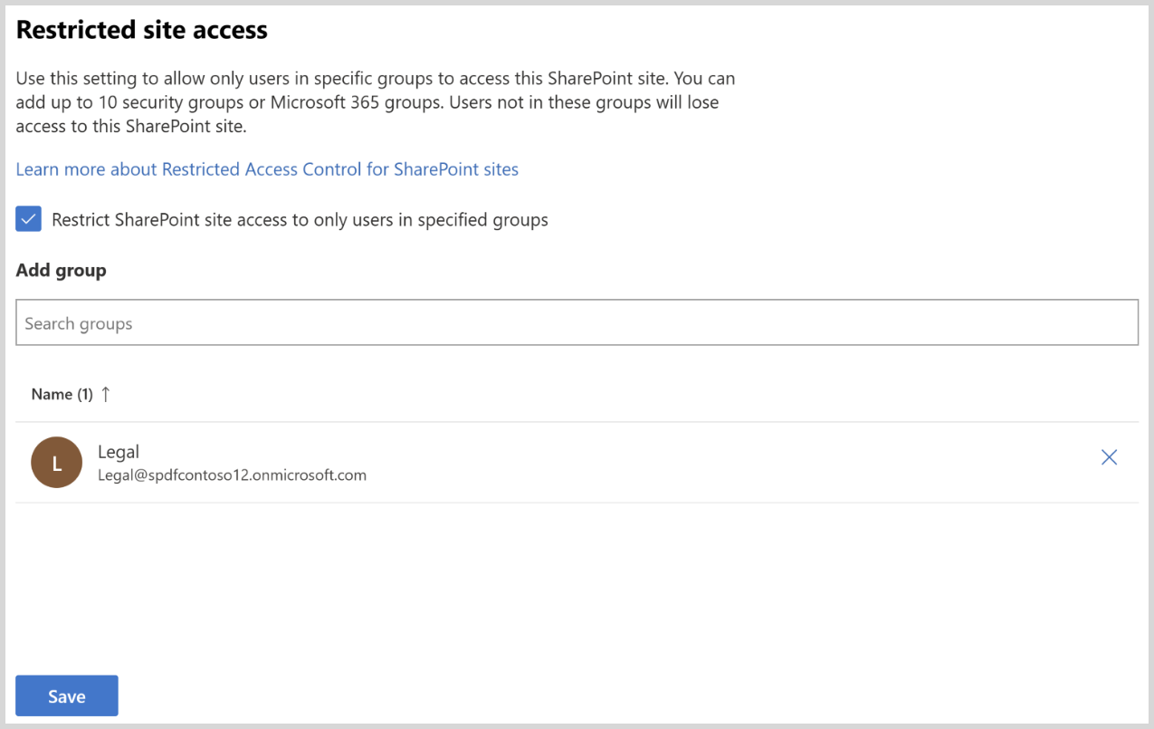 screenshot showing site access restriction security groups being added to nongroup connected sites.