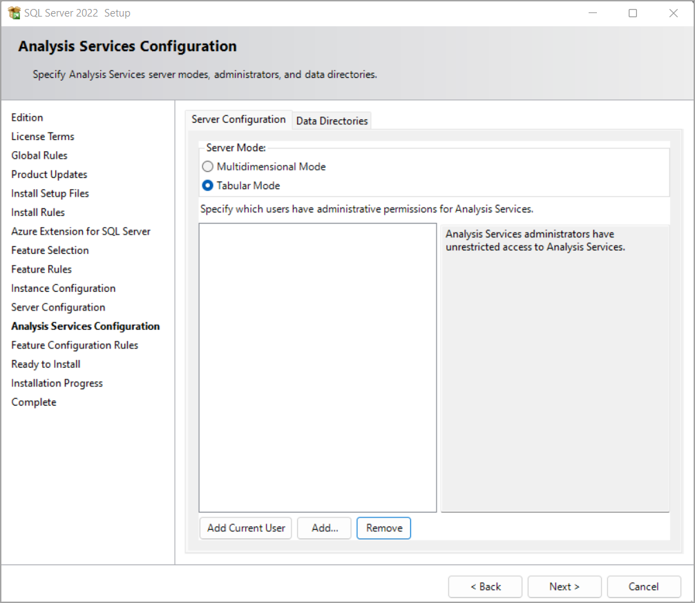 Setup page with Analysis Services config options Setup page with Analysis Services config options