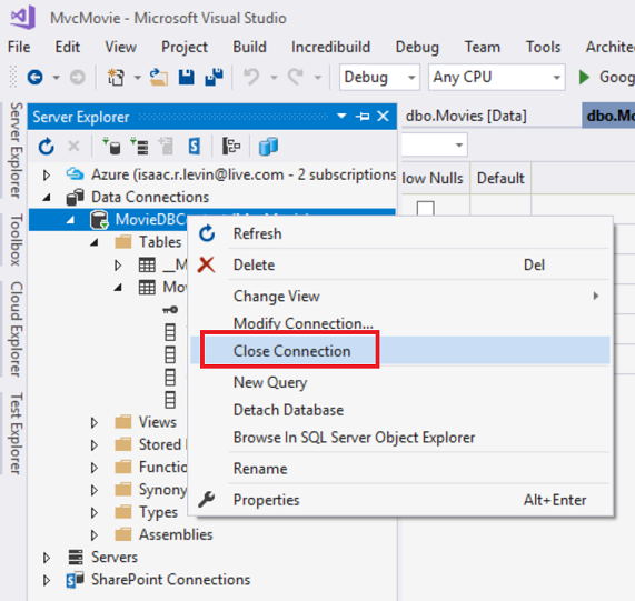 CloseConnection Screenshot that shows the Server Explorer window. The Movie D B Context right click menu is open. Close Connection is selected and circled in red.