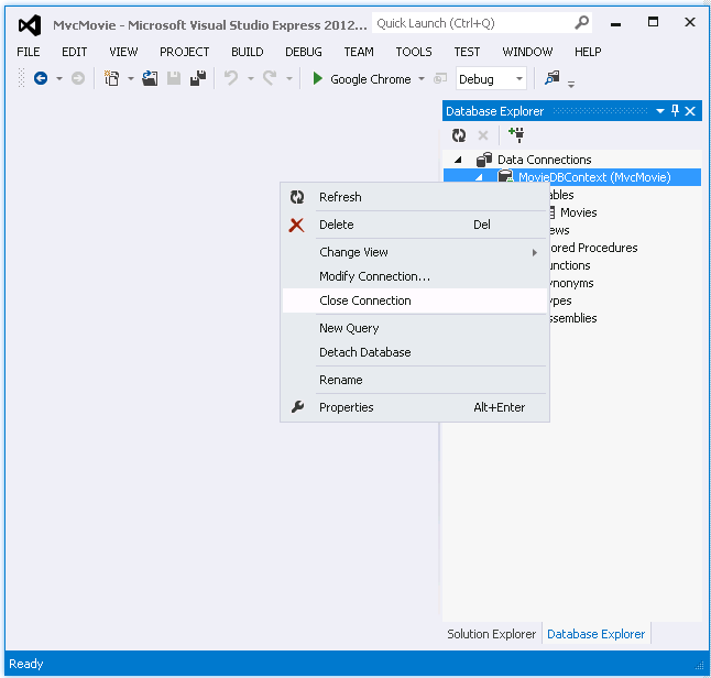 CloseConnection Screenshot that shows the Database Explorer window. Close Connection is selected in the Movie D B Context right click menu.