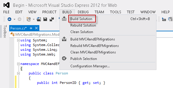 Building the application Screenshot shows Visual Studio Express 2012 with Build menu, then Build Solutions selected.