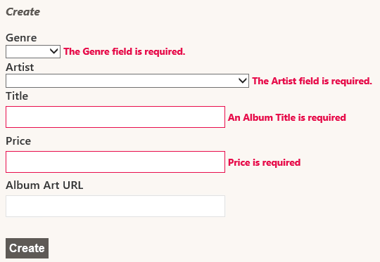 Validated fields in the Create page Validated fields in the Create page