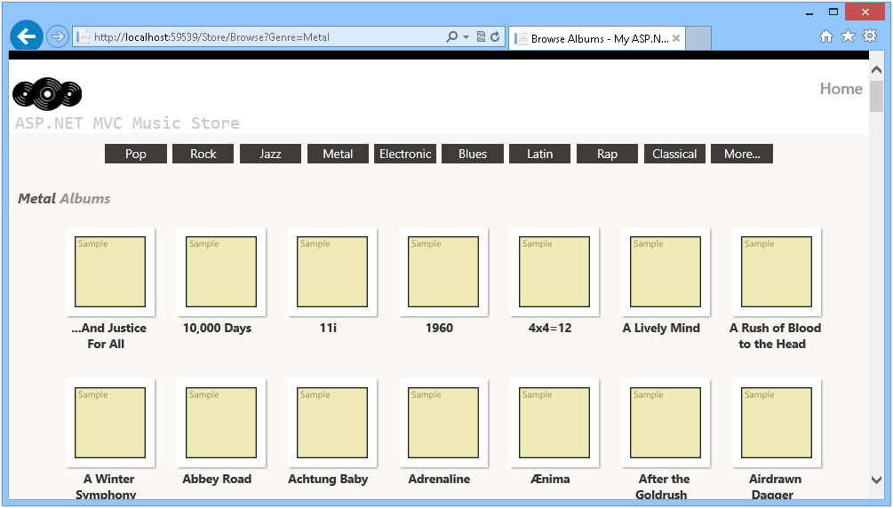 Browsing Albums from the database Screenshot shows a view where you verify that the albums are populated from the database.