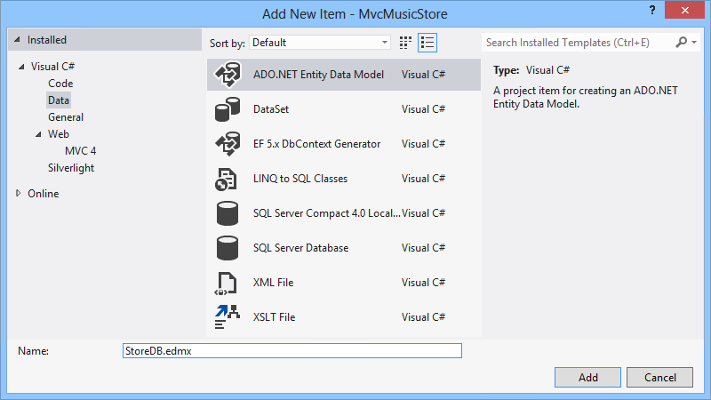 Adding the StoreDB ADO.NET Entity Data Model Adding the StoreDB ADO.NET Entity Data Model