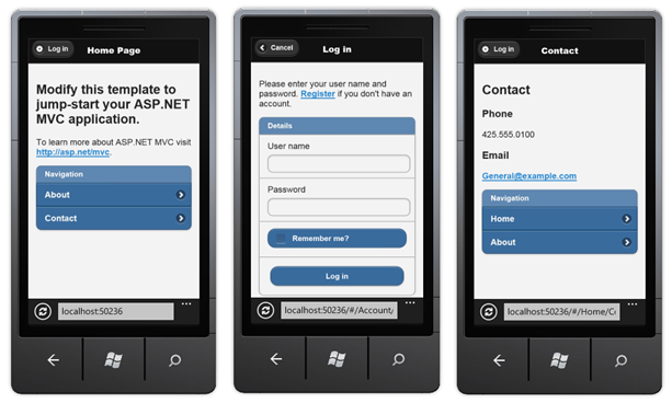 Project template pages in a mobile device Project template pages in a mobile device