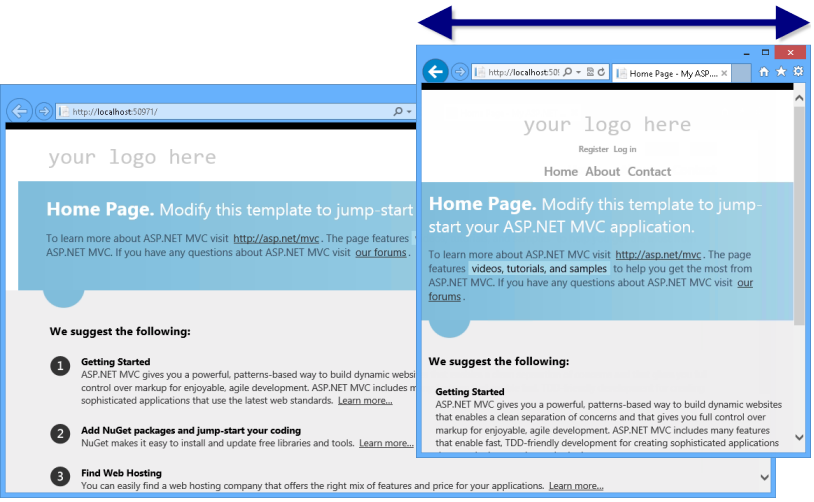 ASP.NET MVC 4 project template in different browser sizes ASP.NET MVC 4 project template in different browser sizes