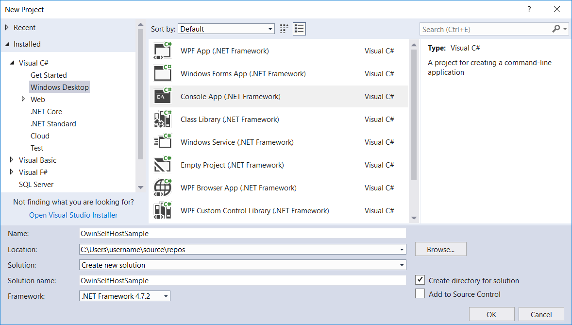 Screenshot of the 'create new project' dialog box, showing the menu options to select Windows Desktop then Console App from the dropdown list.
