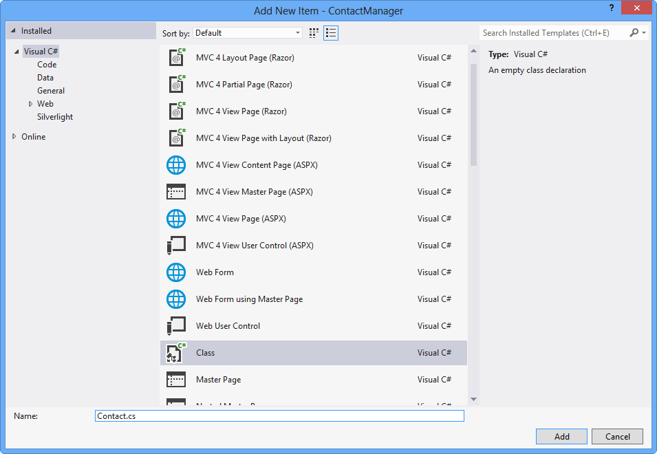 Creating the new Contact class file Creating the new Contact class file