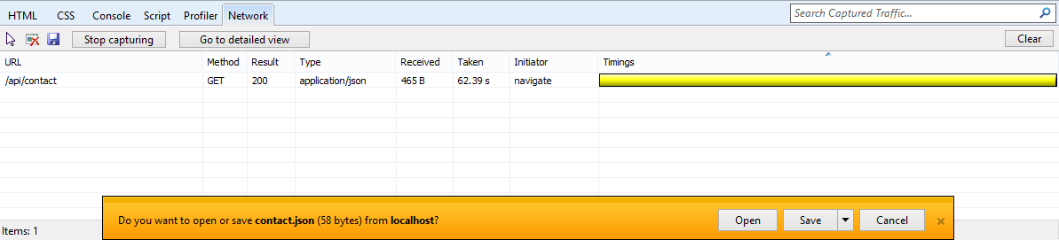 Network view in Internet Explorer showing results of the Web API call Network view in Internet Explorer showing results of the Web API call