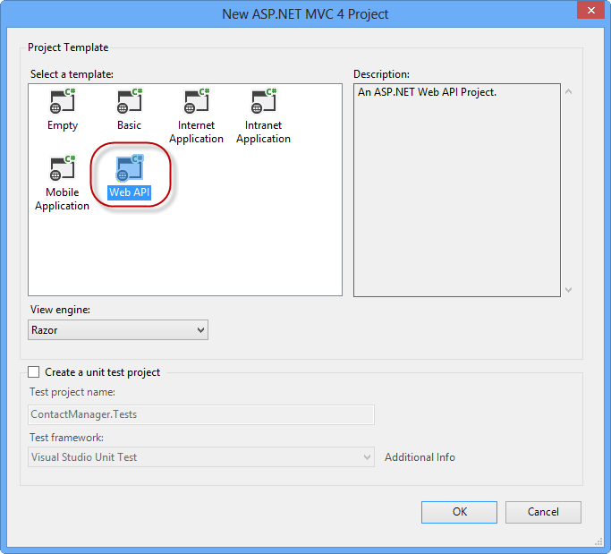 Specifying the Web API project type Specifying the Web API project type