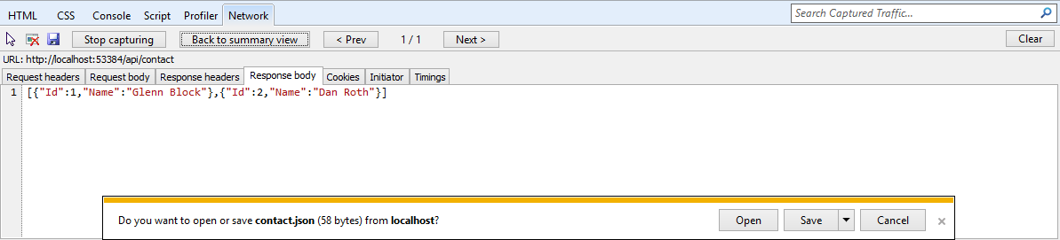 Viewing the JSON output from the Web API in the developer tools window Viewing the JSON output from the Web API in the developer tools window