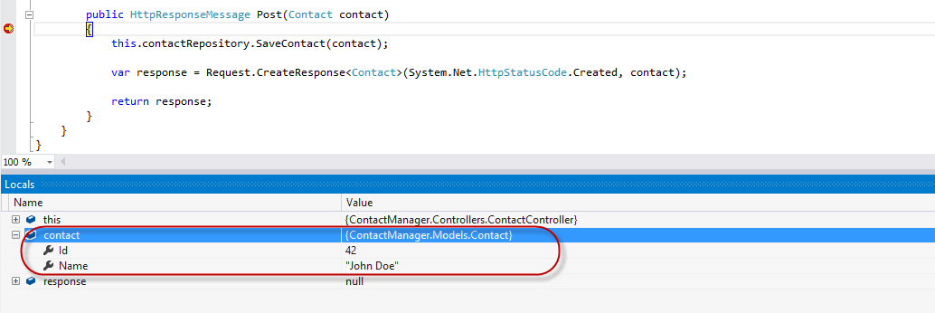 The Contact object being sent to the Web API from the client The Contact object being sent to the Web API from the client