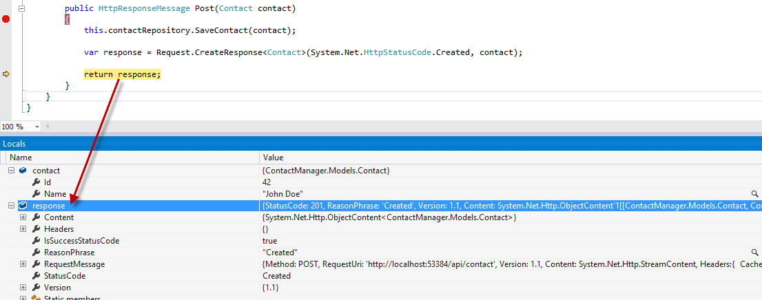 The response following creation in the debugger The response following creation in the debugger