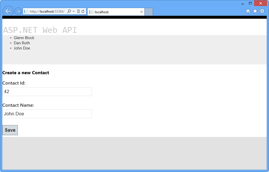 The browser reflects successful creation of the new contact instance The browser reflects successful creation of the new contact instance