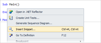 Right-click where you want to insert the code snippet and select Insert Snippet Right-click where you want to insert the code snippet and select Insert Snippet