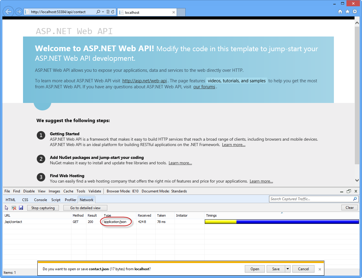 Viewing the output of the Web API request in the Network view Viewing the output of the Web API request in the Network view