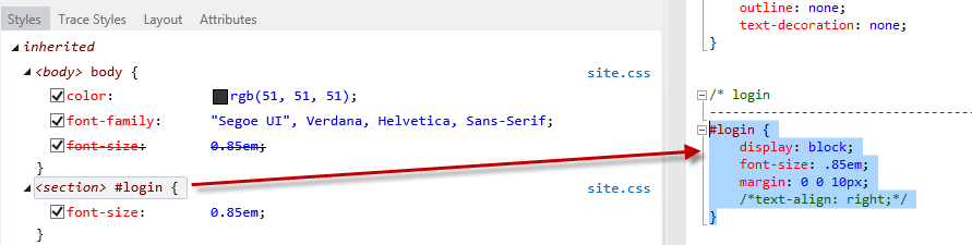 Selecting the CSS styles Screenshot of the Styles tab, on the navigation bar the CSS styles for login is selected with the corresponding code highlighted.