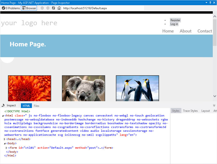 Viewing Default.aspx in Page Inspector Viewing Default.aspx in Page Inspector