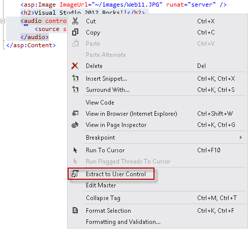 Extract to User Control menu option Extract to User Control menu option