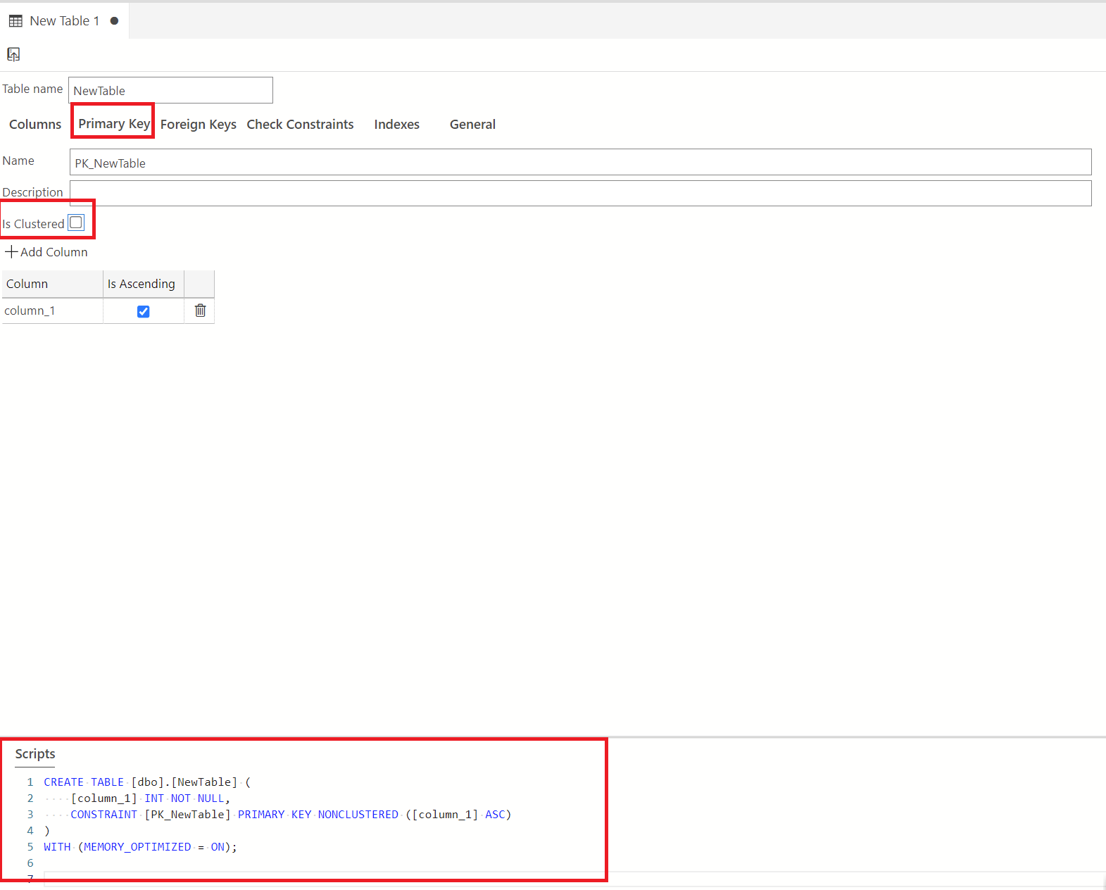 Screenshot of Table Designer showing how to create a memory-optimized table with nonclustered primary key.
