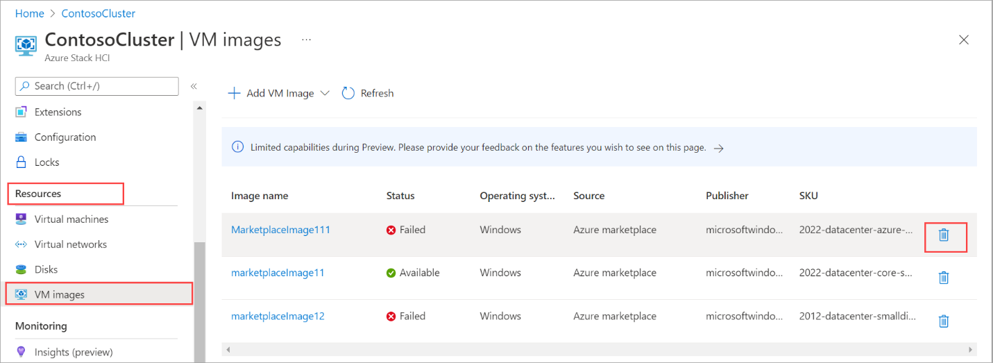 Screenshot showing the trash can icon against the VM image you want to delete.