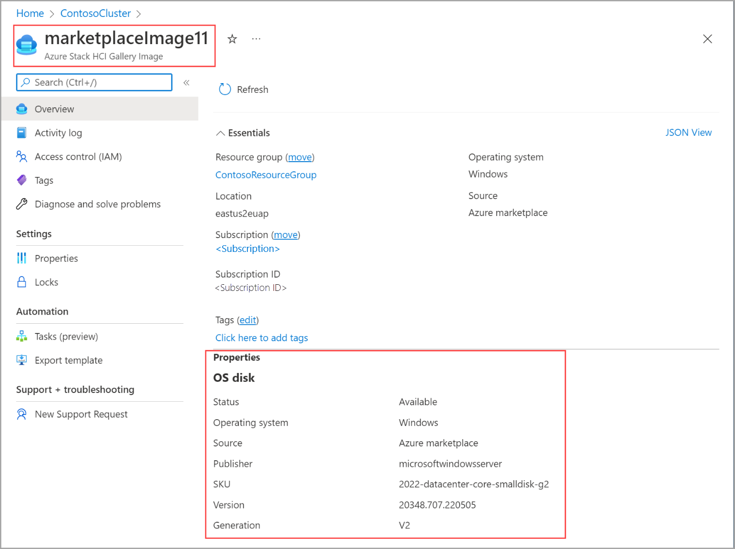 Screenshot showing the properties of a selected VM image.